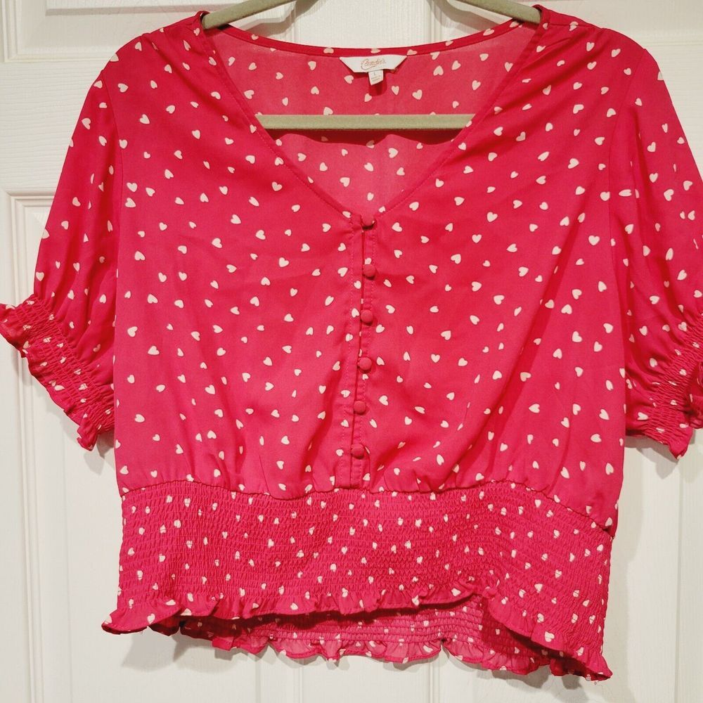 Candies Heart Blouse- Large Hot Pink W/ White Hearts Vneck Blouse